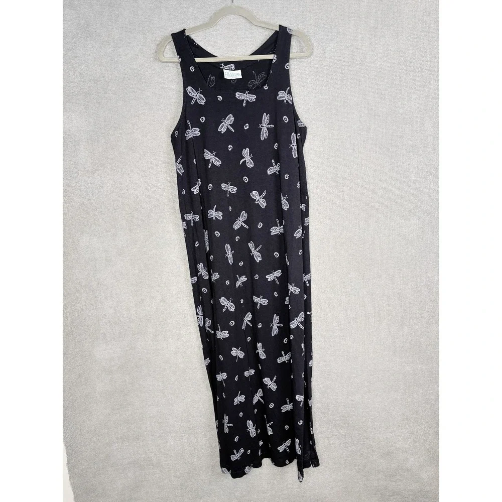 Fresh Produce Dress Womens Large Black Purple Dragonfly Print Maxi Vintage USA